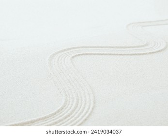 Zen Garden Sand White Background Japanese Balance Meditation Relax Buddhism Spirituality, Pattern Line Wave Mandala Mockup Spa Vacation Yoga Lifestyle Natural Summer, Texture Desert Coast Sea. - Powered by Shutterstock