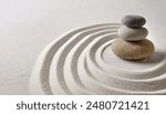 Zen garden with the stones and white sand pattern minimal scene Stack of Balanced Pebbles, zen pebbles, relax, massage, meditation, studio photography