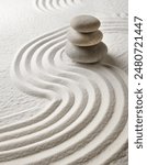 Zen garden with the stones and white sand pattern minimal scene Stack of Balanced Pebbles, zen pebbles, relax, massage, meditation, studio photography