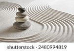 Zen garden with the stones and white sand pattern minimal scene Stack of Balanced Pebbles, zen pebbles, relax, massage, meditation, studio photography