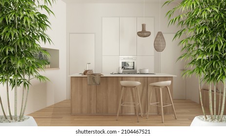 Zen interior with potted bamboo plant, natural interior design concept, modern white and wooden kitchen, eco sustainable parquet floor, island with chairs, interior design idea, 3d illustration - Shutterstock ID 2104467521