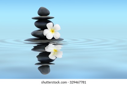 Zen spa concept panoramic banner image - Zen massage stones with frangipani plumeria flower in water reflection