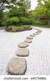 Zen Stone Path At Japanese Green Garden In Summer