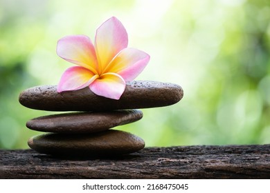 Zen stone and plumeria flower on nature background.