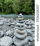 Zen stone tower next to the Elwha River in Washington state.