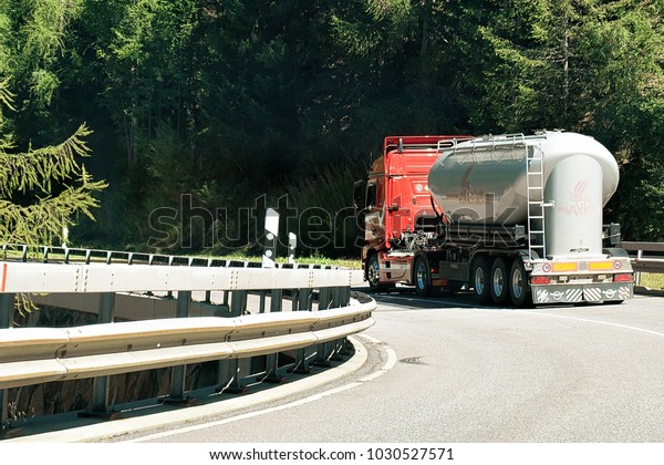 Zermatt, Switzerland - 24 August,\
2016: Truck cistern on the road at Visp, Valais canton in\
Swiss.
