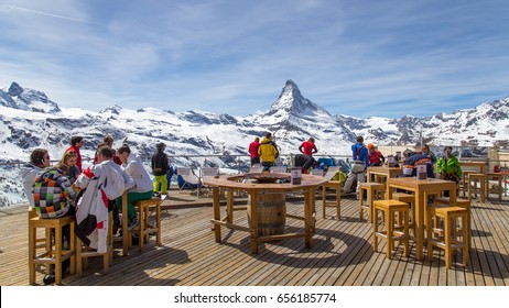 Zermatt, Switzerland - April 12, 2017: A Bar And Restaurant In The Matterhorn Skiing Area