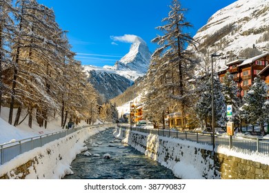 ZERMATT, SWITZERLAND - FEBRUARY 05, 2016: The Matterhorn Seen From Zermatt In Winter Season.