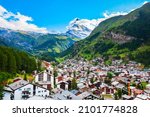 Zermatt town and Matterhorn mountain aerial panoramic view in the Valais canton of Switzerland