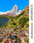 Zermatt town and Matterhorn mountain aerial panoramic view in the Valais canton of Switzerland