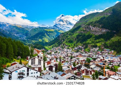 Zermatt town and Matterhorn mountain aerial panoramic view in the Valais canton of Switzerland