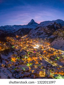 Zermatt Town And Matterhorn Mountain At Winter Night. Swiss Alps, Switzerland. Aerial View.