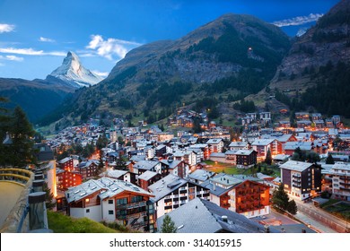 Zermatt Village With Peak Of Matterhorn In Swiss Alps