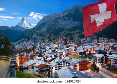 Zermatt Village With Peak Of Matterhorn In Swiss Alps