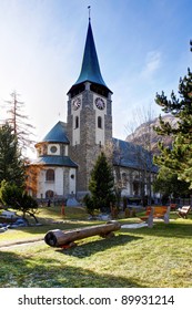 Zermatt Village. Switzerland. Downtown Area. Church.