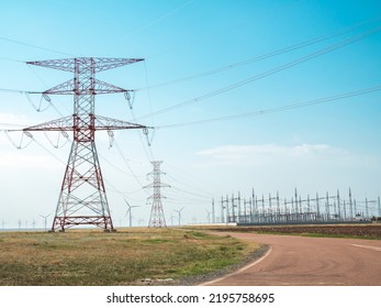 Zero Carbon Emission, Clean Green Energy. High-voltage Electrical Substation In A Wind Park To Collect Electricity From Turbines For Transmitting Electricity To Houses.