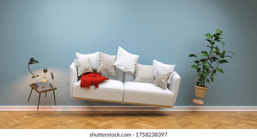 Zero Gravity Sofa hovering in living room with furniture