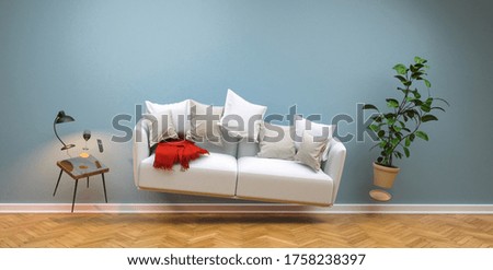 Zero Gravity Sofa hovering in living room with furniture