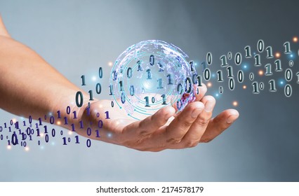Zero One background in the hands of developers is a global representation of binaries, networks, and coding of programming fundamentals concepts. - Shutterstock ID 2174578179
