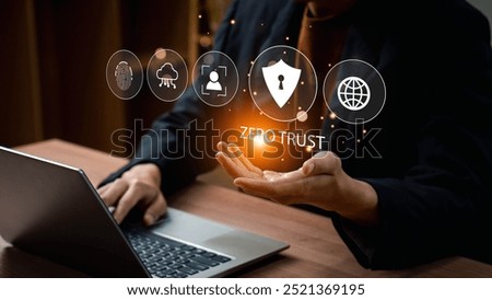 Zero trust security concept, Businessman using laptop with zero trust icons on virtual for business information security network. Ai technology