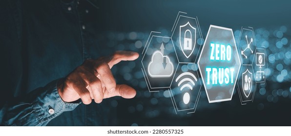 Zero trust security concept, Person hand touching zero trust icon on virtual screen. with blue bokeh background