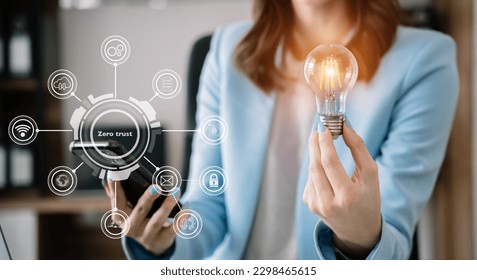 Zero trust security concept Person using computer and tablet with zero trust icon on virtual screen of Data businesses, concept of new ideas with innovation and creativity.