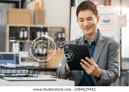 Zero trust security concept Person using computer and tablet with zero trust icon on virtual screen of Data businesses.in office.