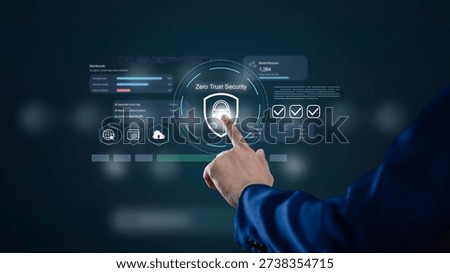 Zero Trust Security and digital protection for cyber networks. This technology and privacy concept shows a professional touching a secure shield icon for data safety and internet defense.