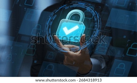 Zero Trust security and encrypted network access. Microsegmentation and access management. Businessperson holding padlock icon with a checkmark.