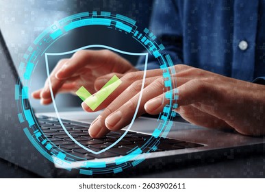 Zero trust security model and architecture. Access control through user authentication and identity verification. Businessman using laptop computer with device authentication.