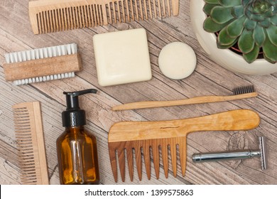 Zero Waste Bathroom Accessories, Metal Safety Razor, Wooden Comb, Deodorant, Shea Butter, Solid Soap, Wooden Toothbrush, Olive Oil Make Up Remover In A Glass Container, Nail Brush, Aloe Vera.