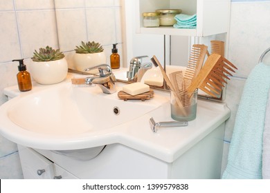 Zero Waste Bathroom Accessories, Safety Razor, Wooden Comb, Deodorant, Shea Butter, Solid Soap & Shampoo, Toothbrush, Olive Oil Make Up Remover In A Glass Container, Nail Brush, Aloe Vera, Cotton Pads