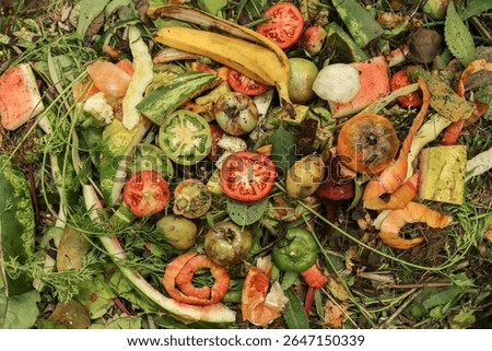 Zero waste, composting, separate waste collection concept. Compost pile heap close up top view. Bio waste, vegetables and fruits food scraps background, texture