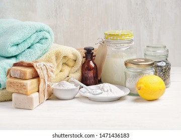 Zero Waste Concept. Eco Friendly Products For Cleaning And Care. Ingredients DIY - Essential Oil, Salt, Bath Soap, Baking Soda And Laundry, Vinegar, Lemon On Table. Natural Cosmetic Product, Detergent