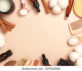 Zero waste concept. Top view on beige background. Skincare natural cosmetic with cotton flowers. Copy space