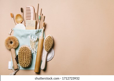 Zero Waste. Eco Friendly Bathroom And Kitchen Accessories On A Beige Background. Flat Lay, Top View, Copy Space.