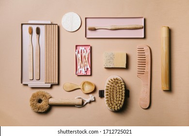 Zero Waste. Eco Friendly Bathroom And Kitchen Accessories On A Beige Background. Flat Lay, Top View.