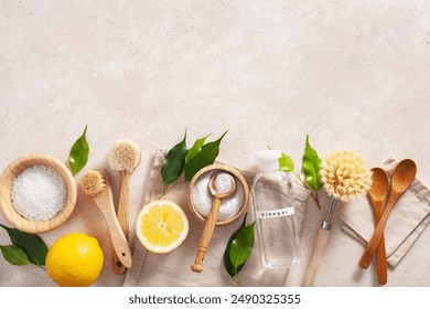 zero waste eco friendly cleaning and kitchen concept. wooden brushes, lemon, baking soda, vinegar - Powered by Shutterstock