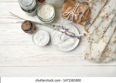 Zero waste, eco friendly home concept. Natural cosmetic product for cleaning and care. Ingredients DIY - essential oil, salt, bath soap, baking soda, Laundry, vinegar, lavender. flat lay