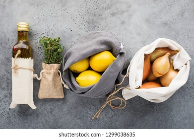 Zero Waste House Kitchen. Lemons, Shallot Onions, Olive Oil, Thyme In Cotton Reusable Bag Bags. Top View