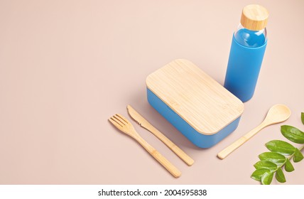 Zero Waste Kit For Takeaway Lunch, Reusable Bottle, Box And Bamboo Cutlery. Sustainable Lifestyle Concept