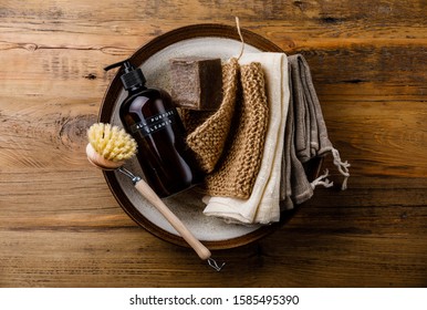 Zero Waste Plastic Free Cleaning Tools Set On Wooden Table Background