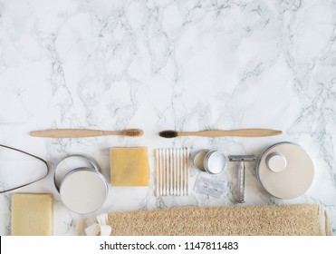 zero waste set for bathing on light marble background. flat lay with copy space - Shutterstock ID 1147811483