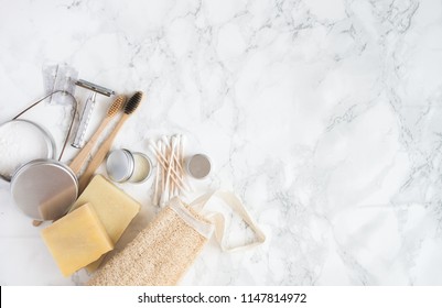 Zero Waste Set For Bathing On Light Marble Background. Flat Lay With Copy Space