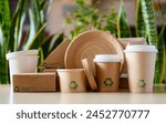 Zero waste and sustainable development concept. Eco-friendly disposable tableware with markings on a background of plants