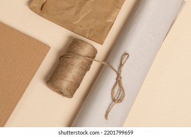Zero Waste Sustainable Packaging Materials For Gift Making, Brown Kraft Paper And Eco Friendly Jute Flax String. Reusable, Recyclable, Eco Friendly And Future Proof Materials