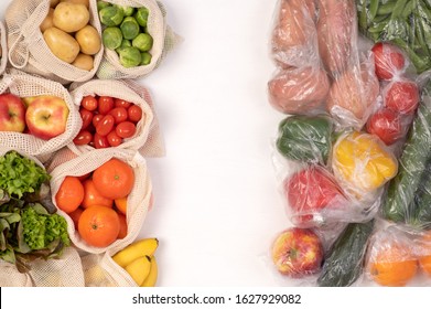 Zero waste vs plastic packaging. Fruits and vegetables in eco friendly reusable cotton bags and in plastic bags. Top view with copy space