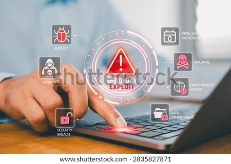 Zero-day exploit cybersecurity concept with digital attack, malware, unauthorized access and security breach icons over a laptop, illustrating emerging cyber threats, vulnerability and data protection.