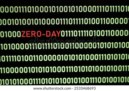 ZERO-DAY text and binary code concept from the desktop computer screen,ZERO-DAY vulnerability concept (also known as a 0-day)A zero-day vulnerability is a flaw in software or hardware.