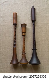 Zhaleika And Two Shalmeys (schalmeis) - Three Folk Woodwind Reed Musical Instruments Different In Tone, Shape, Color And Size